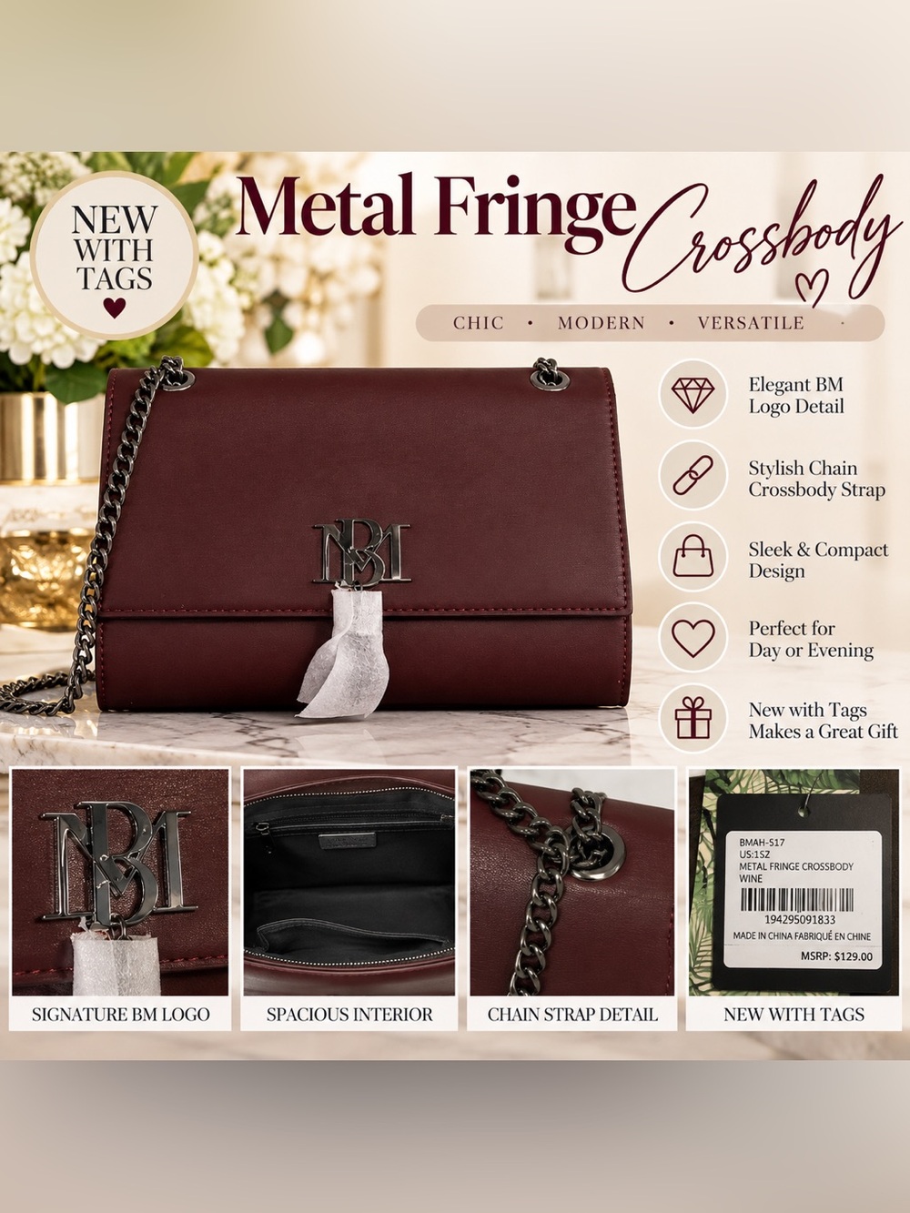 NWT Badgley Mischka Wine Metal Fringe Crossbody Bag – MSRP $129